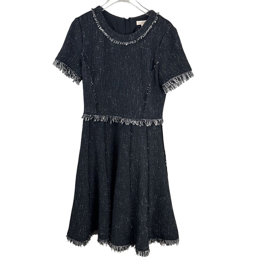 Rebecca Taylor Dress‎ Women 4 Black Tweed Raw Edge Fringe Preppy Tapestry Goth